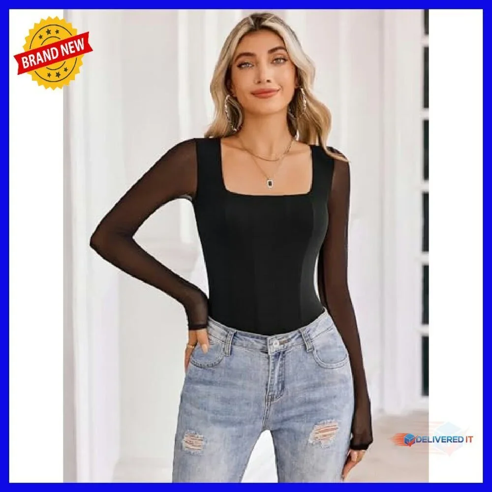Long Sleeve Mesh Bodysuit Square Neck Soft Stretch Leotard Top